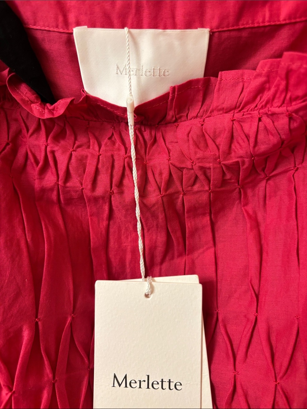 MERLETTE $495 • 17” Pit to Pit • Mabel Smocked Midi Dress Black Tie Straps NEW - Picture 3 of 8